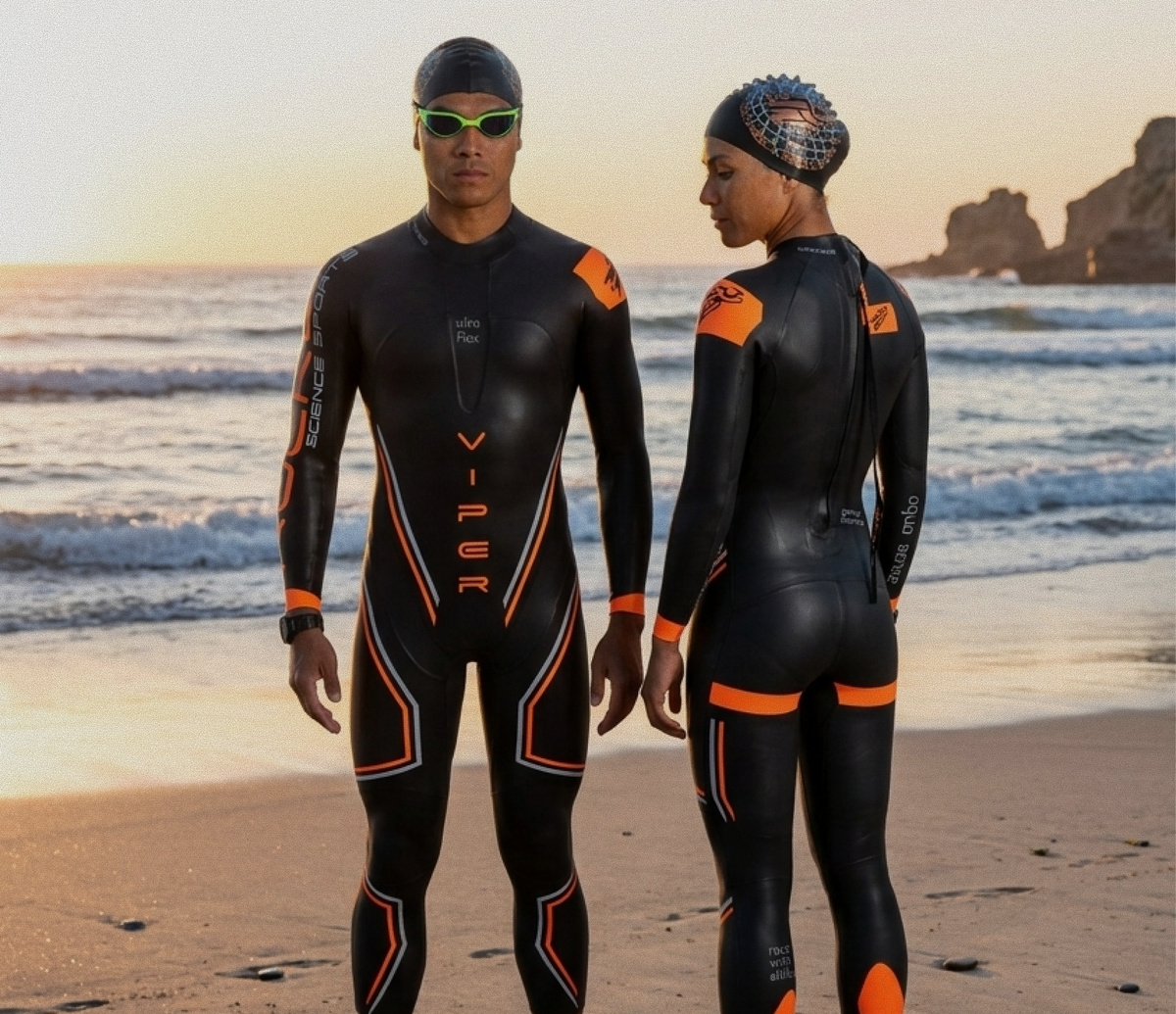 A male athlete facing forward and a female athlete turned slightly away, both wearing black Viper wetsuits with orange accents, standing on a beach shoreline at sunrise with waves behind them.