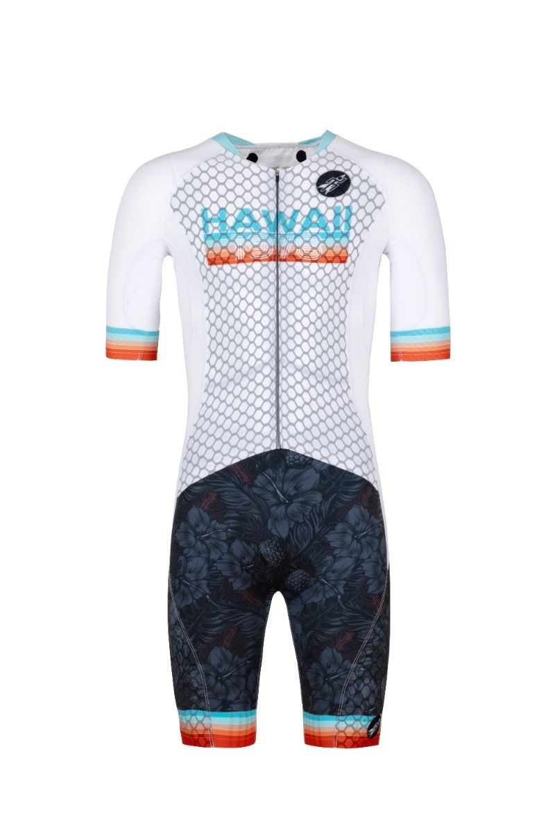 Cycling suit with 'Hawaii' text on a white background