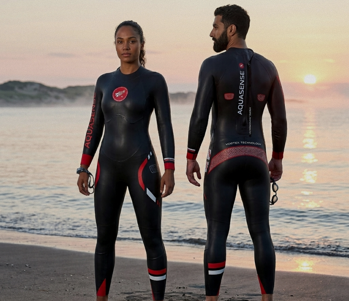 A male and female model in black AquaSense wetsuits with red accents, walking along a beach shoreline with waves and houses in the background