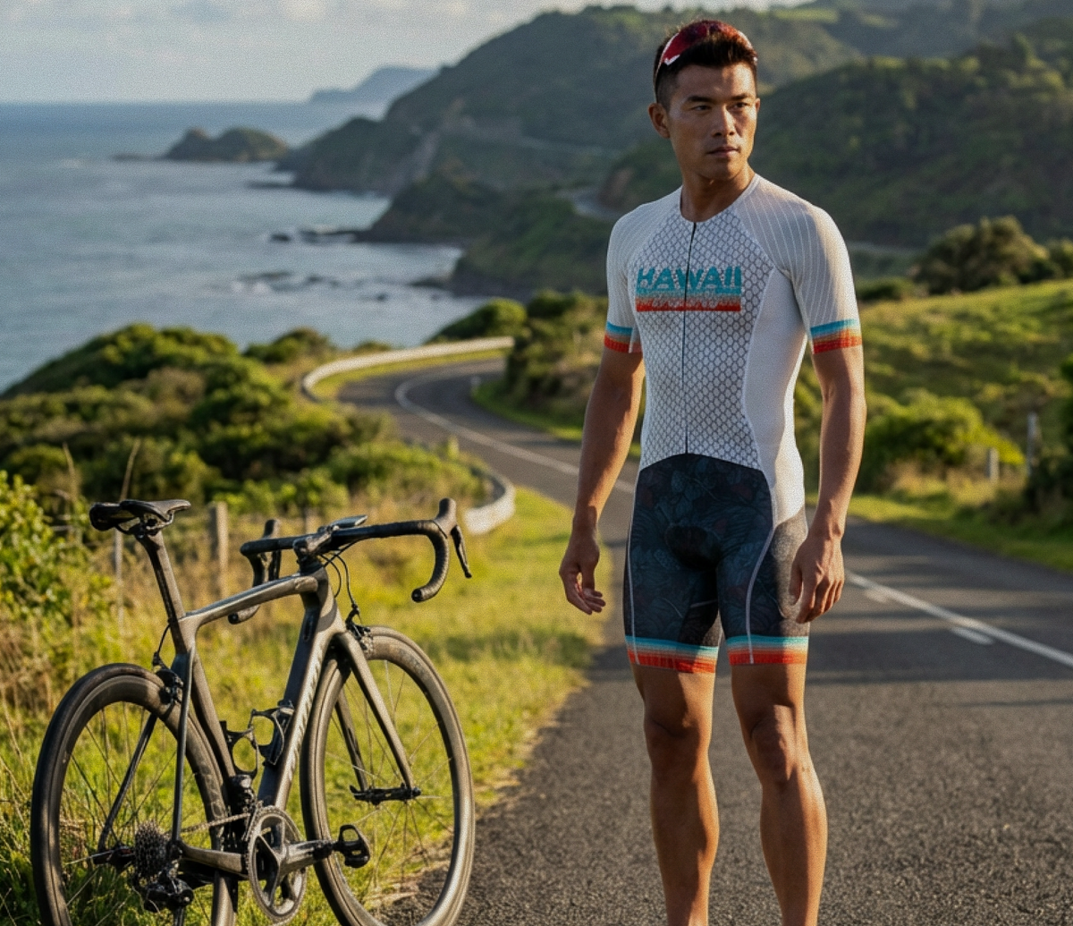 A triathlete wears the Fast Elite Endurance Tri Suit, designed for long-distance performance, showcasing its aerodynamic fit, breathable fabric, and race-ready comfort against a scenic coastal backdrop.