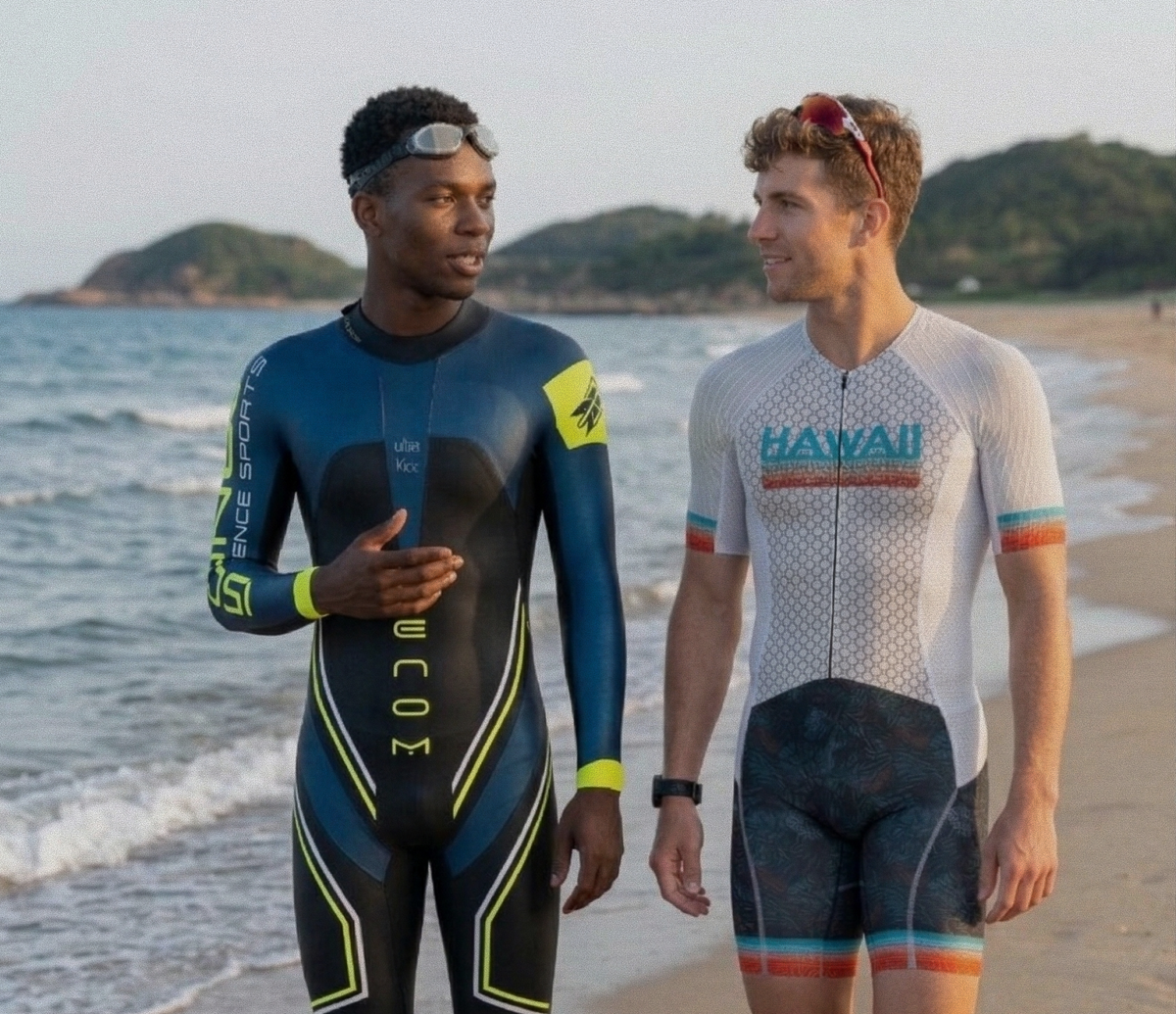 Two men on a beach: one in a full-length Venom wetsuit with blue and neon yellow details, and the other in an Elite mid-sleeve tri suit with a white top and colorful accents.