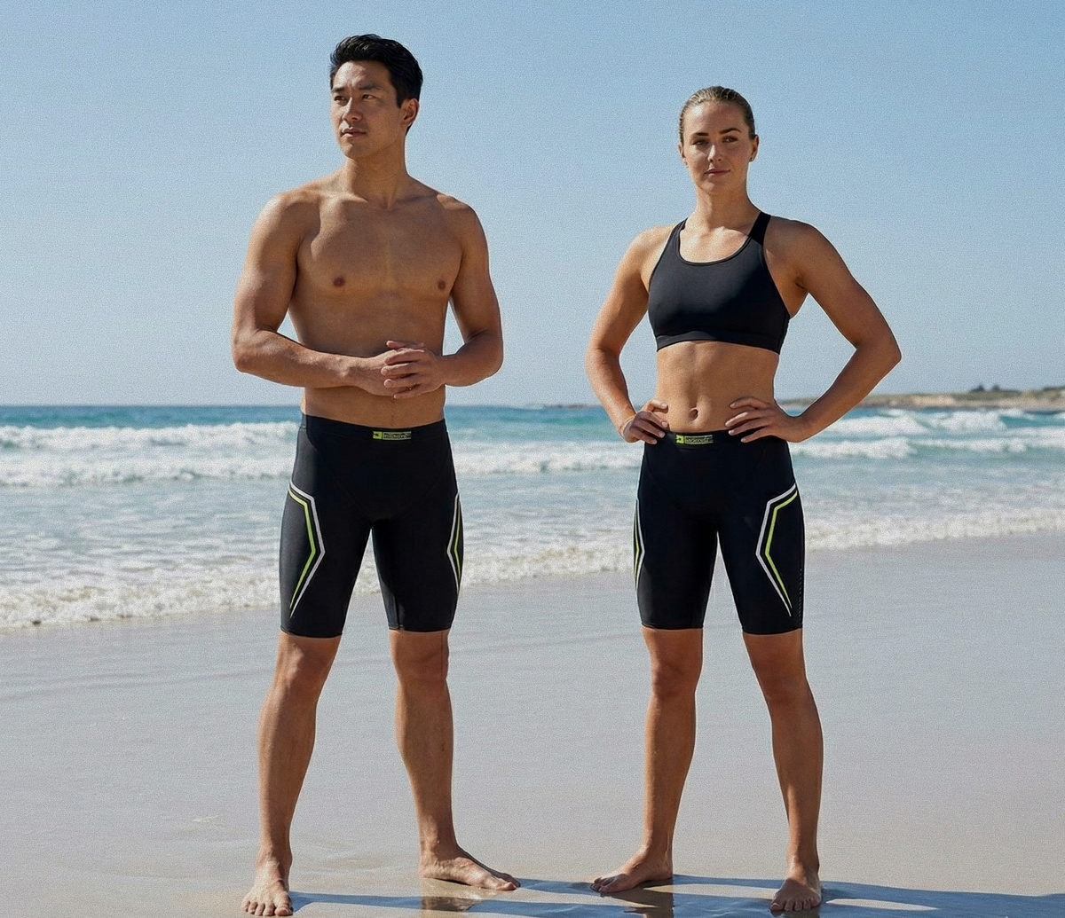Male and female athletes wearing Zero Gravity Buoyancy Shorts with yellow accents on the beach, designed for triathlon training, swimming, and active performance, featuring a sleek, flexible, and high-performance fit.