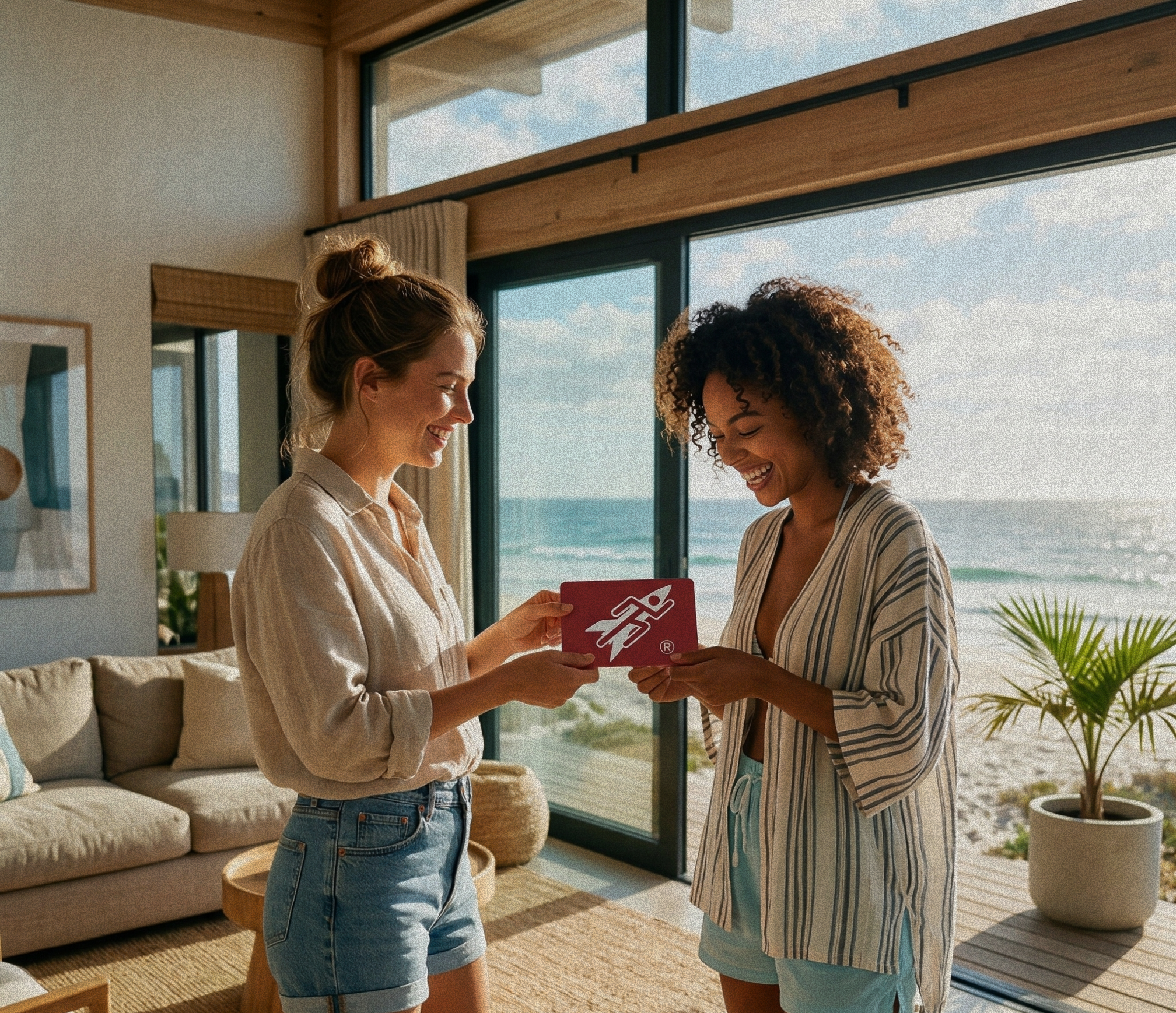 Friends exchanging Rocket Science Sports gift card inside a modern beach house with ocean view, natural light and relaxed lifestyle setting, highlighting red gift card with brand logo