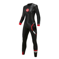 Women's AquaSense long-sleeve wetsuit in black with red and white accents, featuring Rocket Science Sports logo.