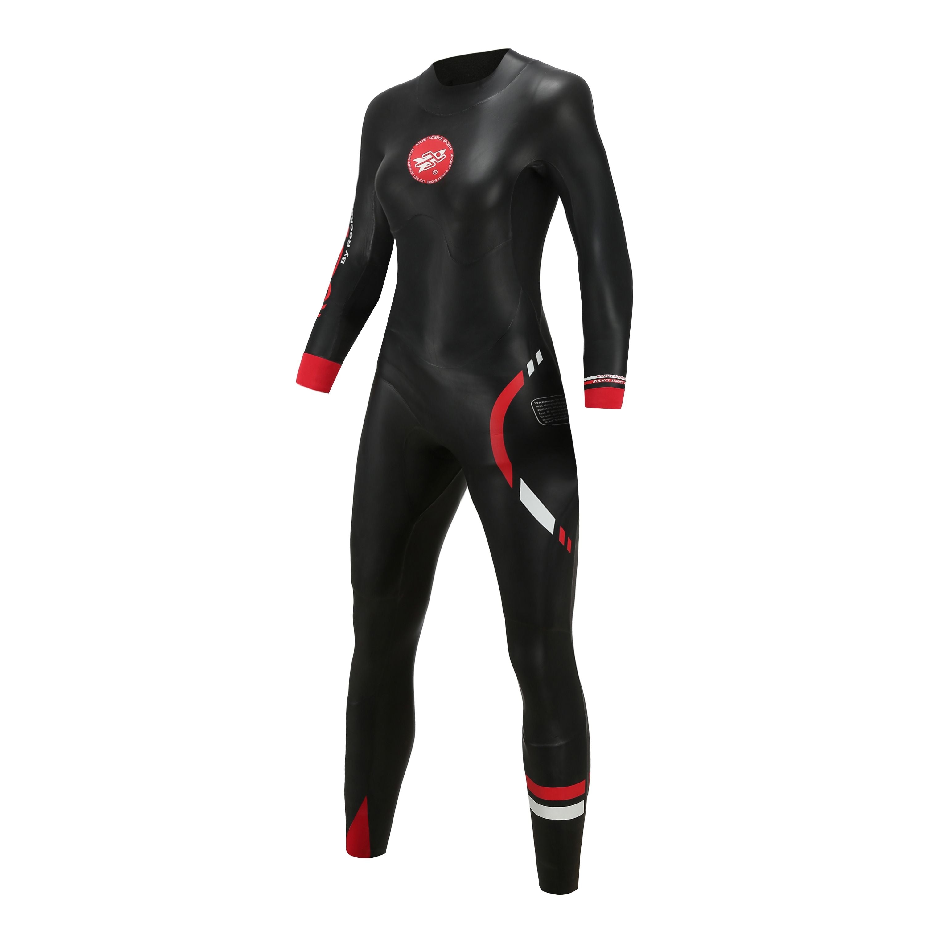 Women's AquaSense long-sleeve wetsuit in black with red and white accents, featuring Rocket Science Sports logo.
