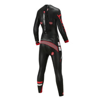 Back view of Rocket Aquasense women’s long-sleeve wetsuit with Maglock reverse zipper and red grip panels