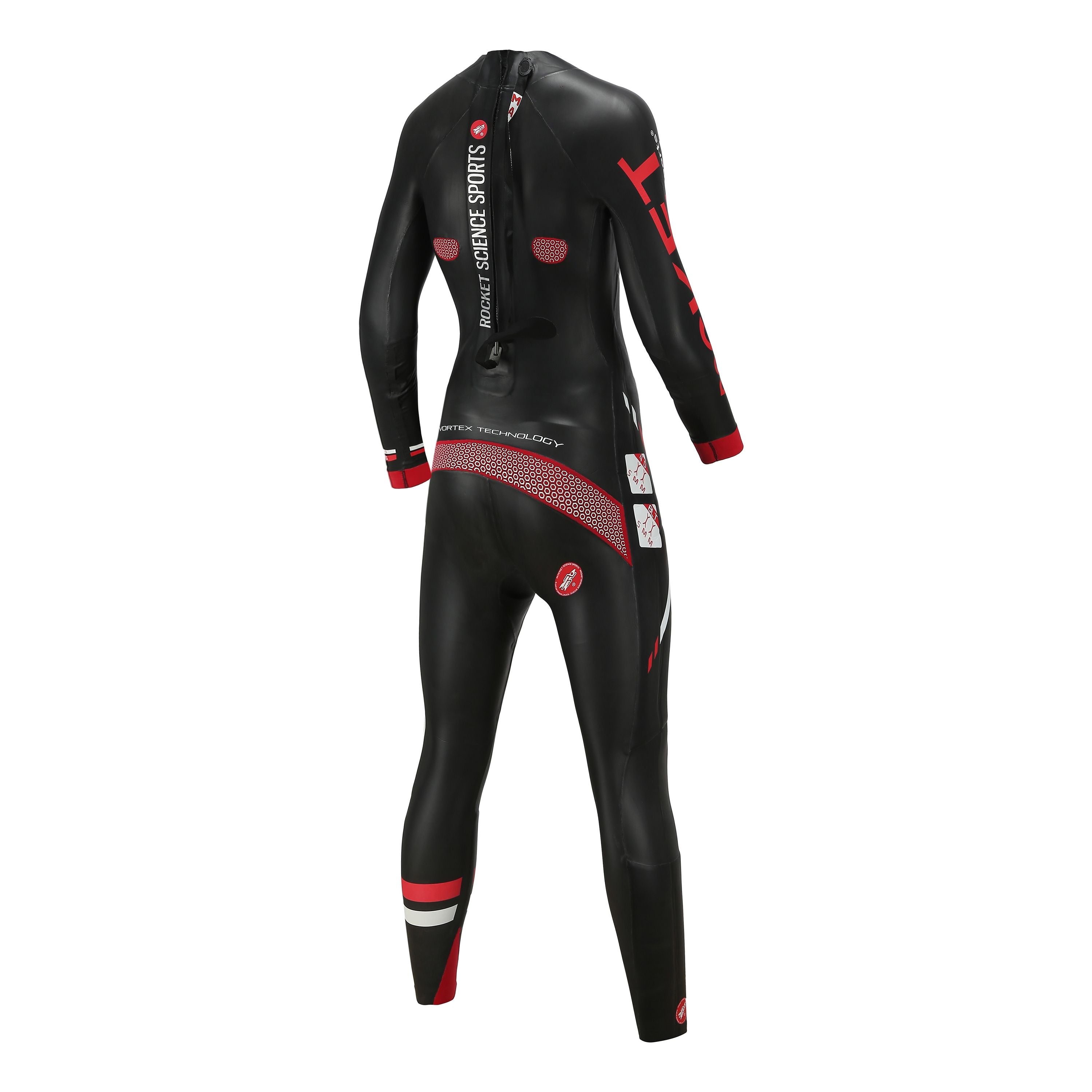 Back view of Rocket Aquasense women’s long-sleeve wetsuit with Maglock reverse zipper and red grip panels