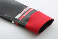Close-up of Rocket Science Sports wetsuit sleeve cuff with red neoprene and branded detailing