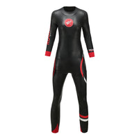 Front view of Women's AquaSense long-sleeve wetsuit in black with red and white accents, featuring Rocket Science Sports logo.