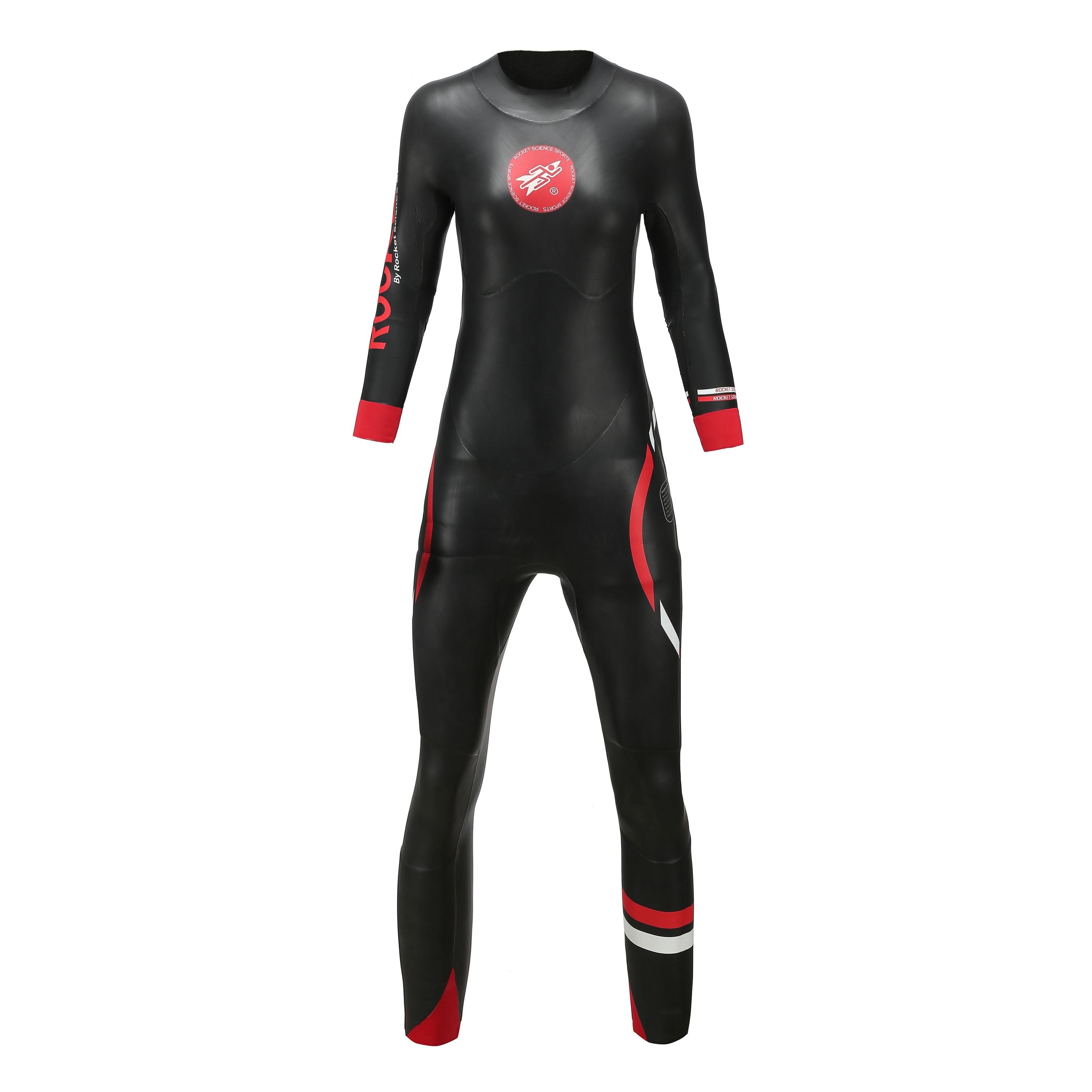Front view of Women's AquaSense long-sleeve wetsuit in black with red and white accents, featuring Rocket Science Sports logo.