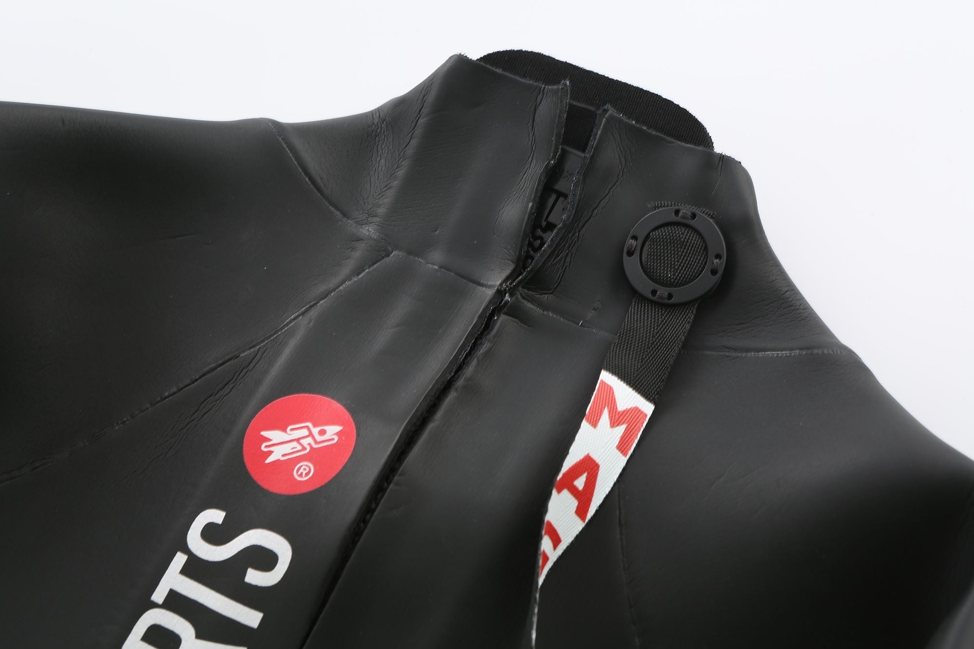 Close-up of Rocket Aquasense wetsuit Maglock reverse zipper and collar seal detail