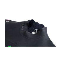 Close-up of BASIC wetsuit V-neck collar design on black neoprene.