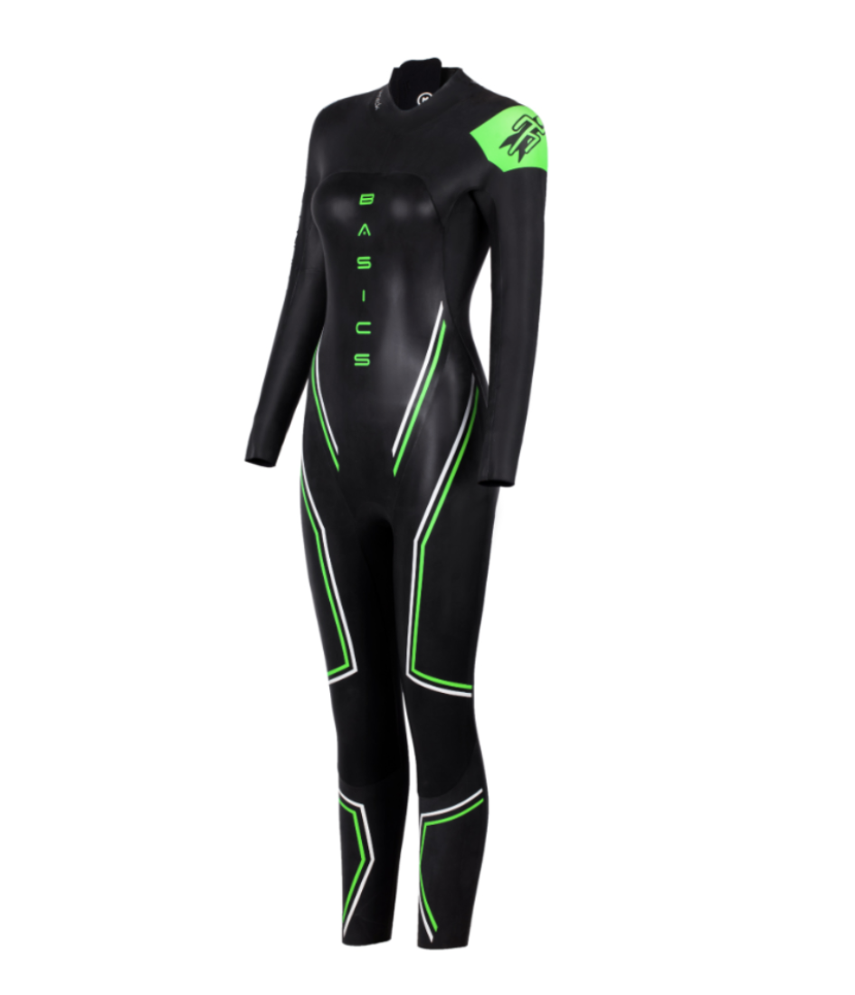 Women’s BASIC long-sleeve wetsuit in black with green accents, angled front view, featuring Rocket Science Sports branding.