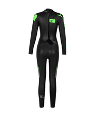 Women’s BASIC long-sleeve wetsuit in black with green accents, Back view, featuring Rocket Science Sports branding.