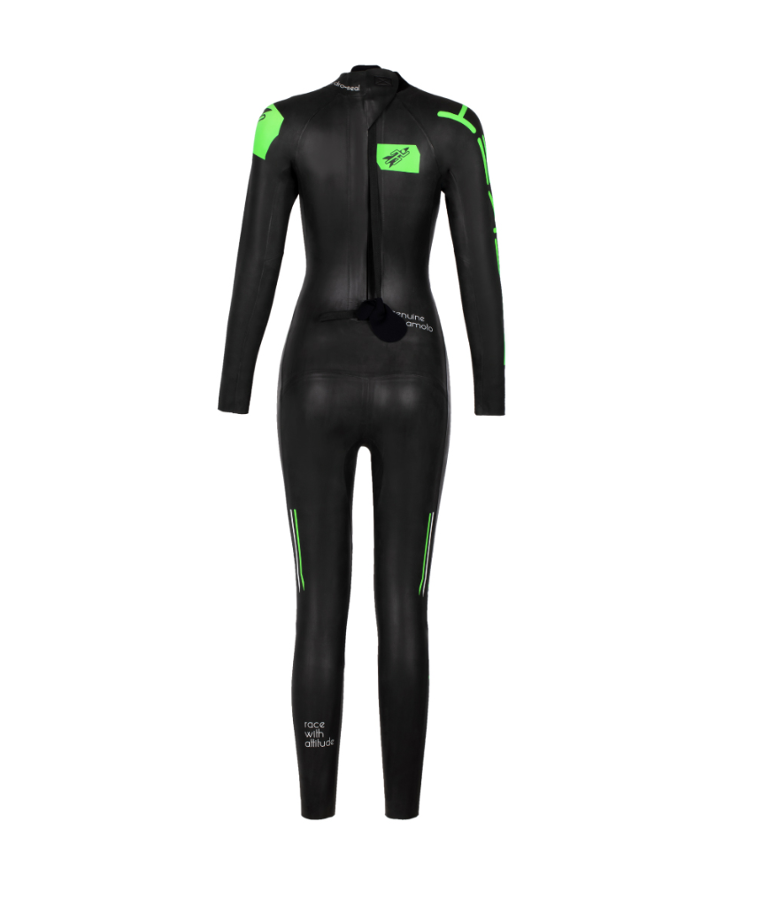 Women’s BASIC long-sleeve wetsuit in black with green accents, Back view, featuring Rocket Science Sports branding.