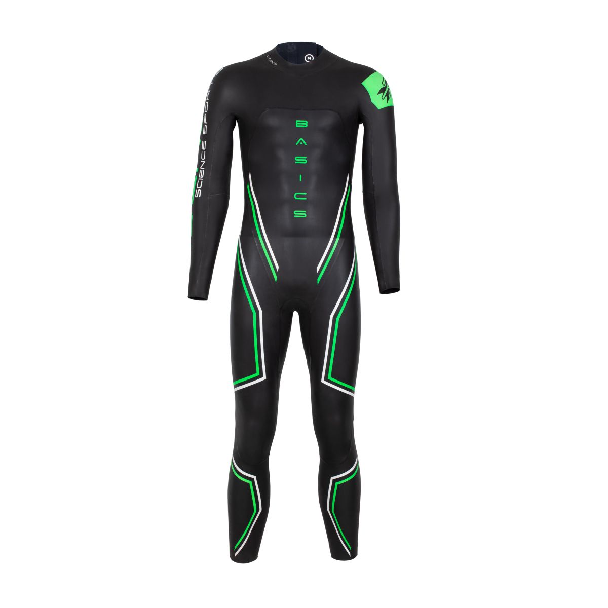 Men's BASIC long-sleeve wetsuit in black with green accents, front view, featuring Rocket Science Sports branding.
