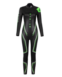 Women’s BASIC long-sleeve wetsuit in black with green accents, front view, featuring Rocket Science Sports branding.