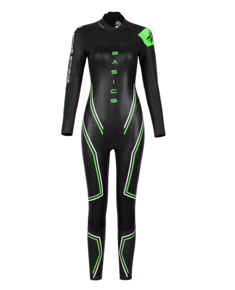 Women’s BASIC long-sleeve wetsuit in black with green accents, front view, featuring Rocket Science Sports branding.