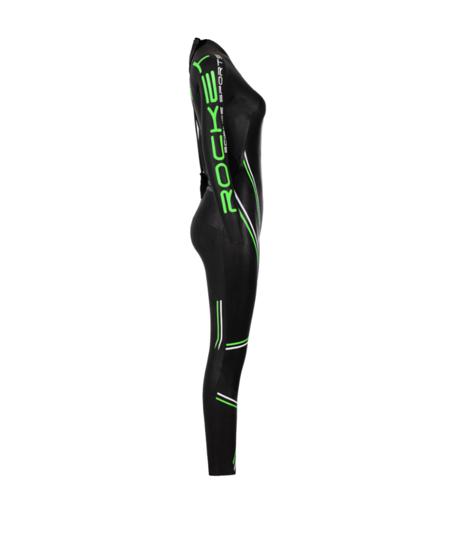 Women’s BASIC long-sleeve wetsuit in black with green accents, angled Right side view, featuring Rocket Science Sports branding.
