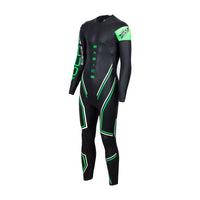 Men's BASIC long-sleeve wetsuit in black with green accents, angled front view, featuring Rocket Science Sports branding.