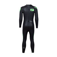 Men's BASIC long-sleeve wetsuit in black with green accents, Back view, featuring Rocket Science Sports branding.
