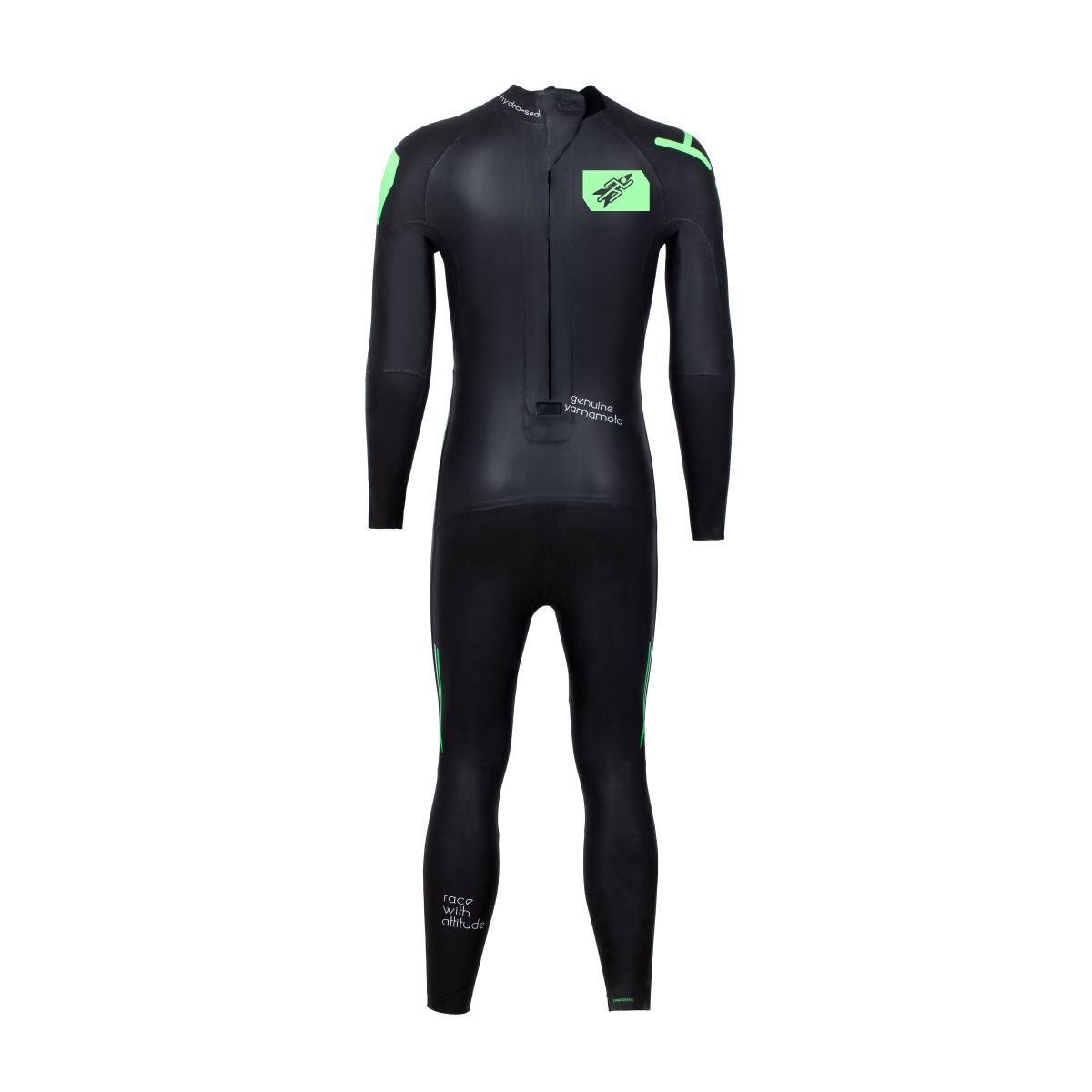Men's BASIC long-sleeve wetsuit in black with green accents, Back view, featuring Rocket Science Sports branding.
