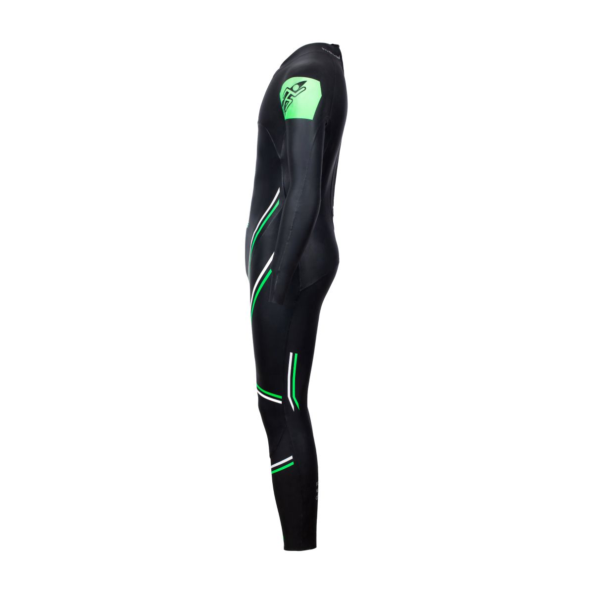 Men's BASIC long-sleeve wetsuit in black with green accents, Left view, featuring Rocket Science Sports branding.
