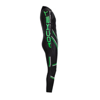 Men's BASIC long-sleeve wetsuit in black with green accents, Right view, featuring Rocket Science Sports branding.