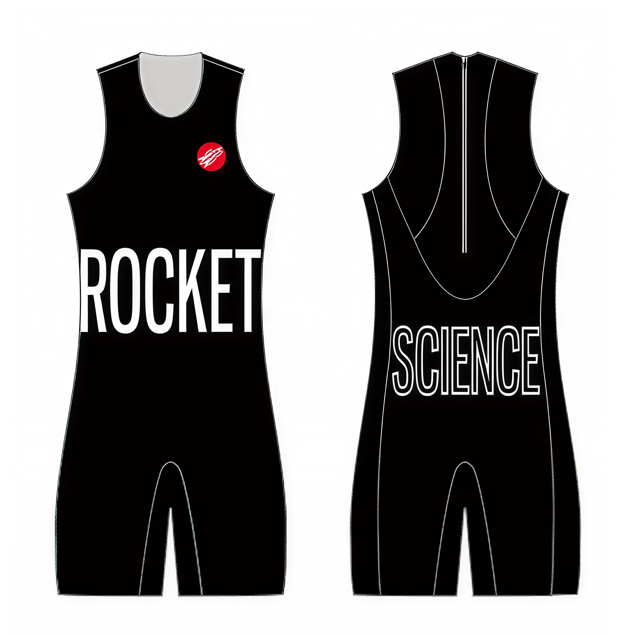 Front and back design mockup of a black Men's Custom Venom Swimskin featuring Rocket Science branding in white and Rocket Science logo.