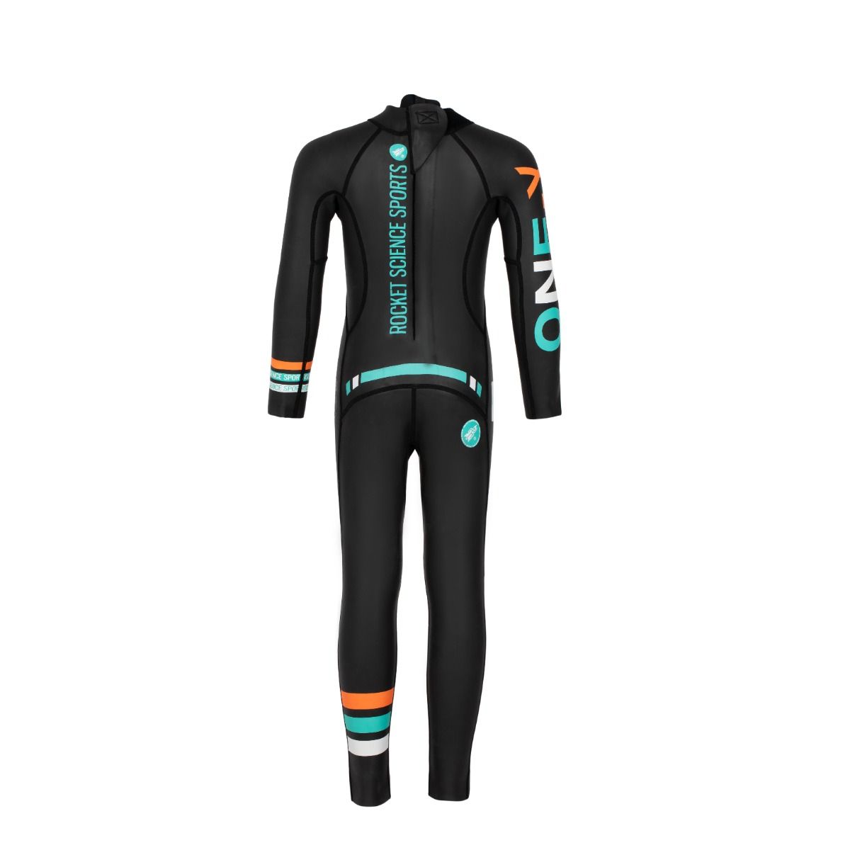 Back view of the ONE Kids Triathlon Wetsuit, highlighting easy-zip design and branding for young swimmers