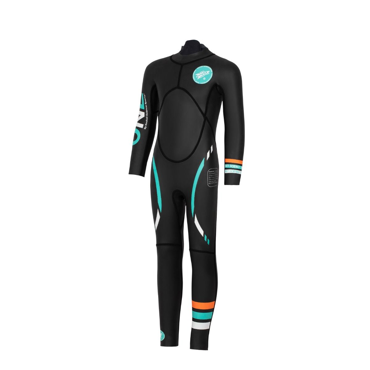 Front view of the ONE Kids Triathlon Wetsuit, designed for young athletes, showing flexible neoprene and colorful leg detailing