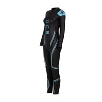 Women’s ONE Long Sleeve wetsuit in black with blue and white accents, front angled view, featuring Rocket Science Sports branding.