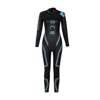 Women’s ONE Long Sleeve wetsuit in black with blue and white accents, front angled view, featuring Rocket Science Sports branding.