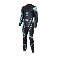 Men's ONE Long Sleeve wetsuit in black with blue and white accents, front angled view, featuring Rocket Science Sports branding.