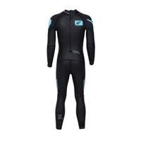 Men's ONE Long Sleeve wetsuit in black with blue and white accents, Back view, featuring Rocket Science Sports branding.