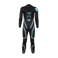 Men's ONE Long Sleeve wetsuit in black with blue and white accents, front view, featuring Rocket Science Sports branding.