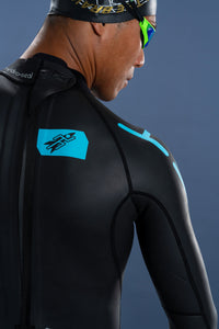 Men’s One long sleeve wetsuit back shoulder detail showing seam construction and logo placement