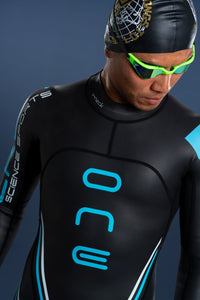 Men’s One long sleeve wetsuit chest detail highlighting branding and hydrodynamic panel design.