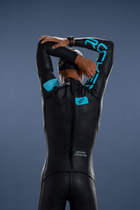 Men’s One long sleeve wetsuit back view with rear zipper and ergonomic panel construction
