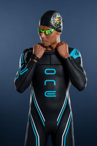 Men’s One long sleeve wetsuit front view showing streamlined fit and chest panel design