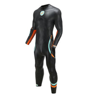 Men’s Real J&J long-sleeve wetsuit, black with teal and orange accents, angled front view, with Rocket Science Sports logo