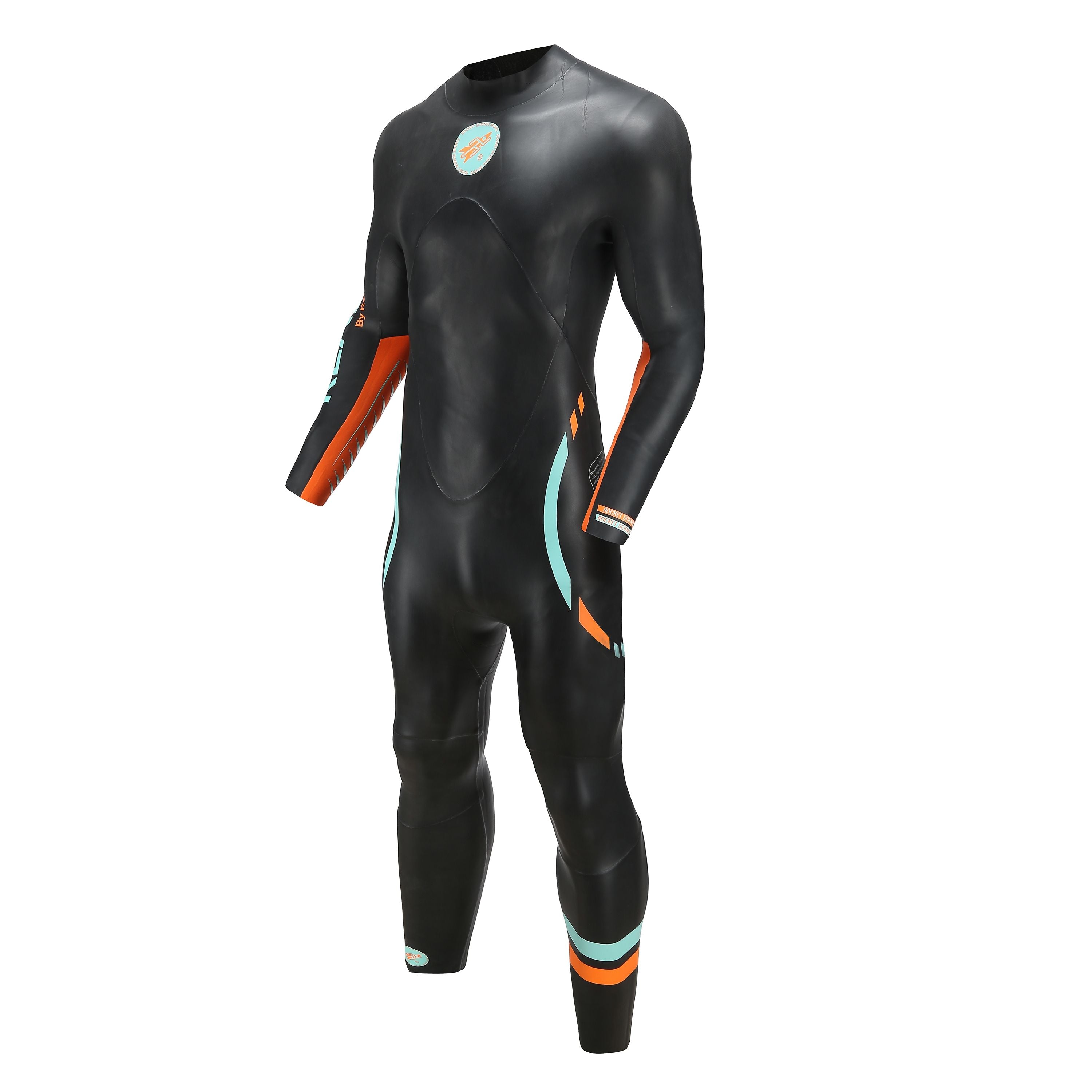 Men’s Real J&J long-sleeve wetsuit, black with teal and orange accents, angled front view, with Rocket Science Sports logo