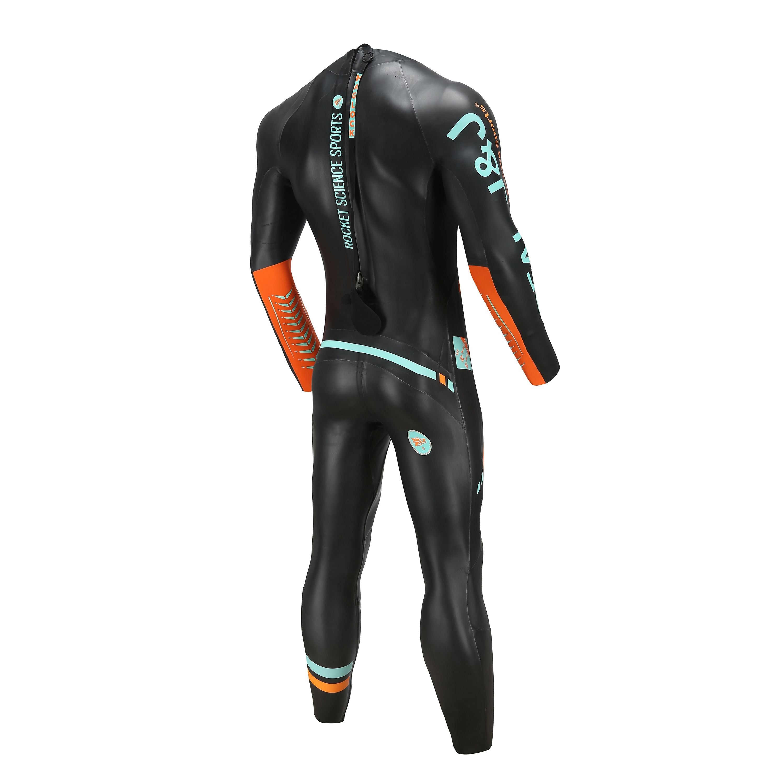Men’s Real J&J long-sleeve wetsuit, black with teal and orange accents, angled Back view, with Rocket Science Sports logo