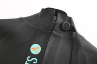 Close-up of Real J&J wetsuit collar and Maglock reverse zipper with magnetic closure, showing black neoprene and Rocket Science Sports logo.