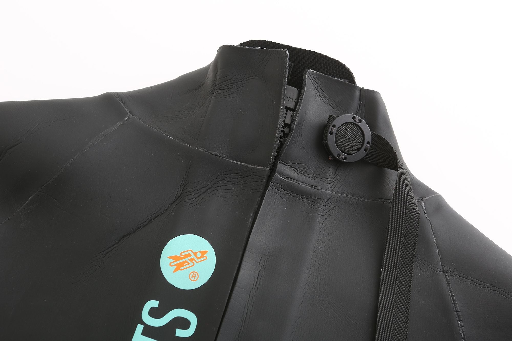 Close-up of Real J&J wetsuit collar and Maglock reverse zipper with magnetic closure, showing black neoprene and Rocket Science Sports logo.