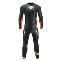 Men’s Real J&J long-sleeve wetsuit, black with teal and orange accents, front view, with Rocket Science Sports logo.