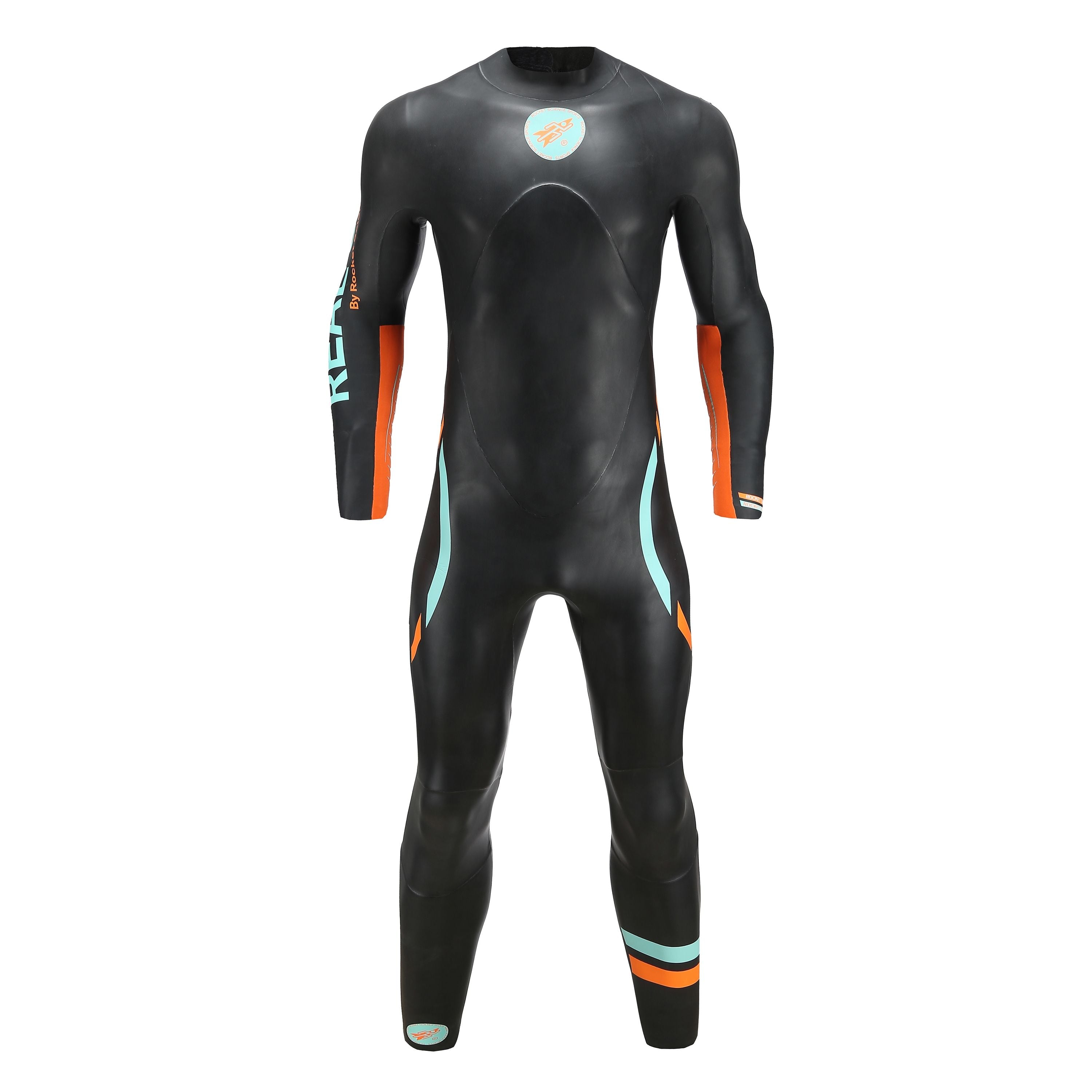 Men’s Real J&J long-sleeve wetsuit, black with teal and orange accents, front view, with Rocket Science Sports logo.