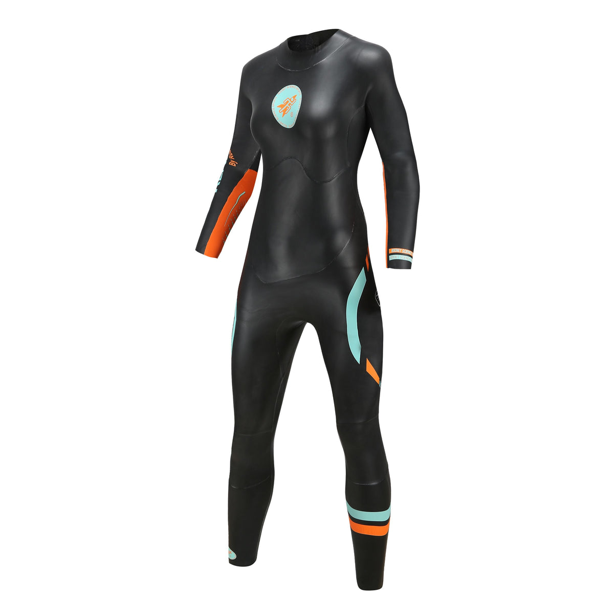 Front view of Rocket Science Sports Real J&J women’s long-sleeve triathlon wetsuit with MAGLOCK reverse zipper in black