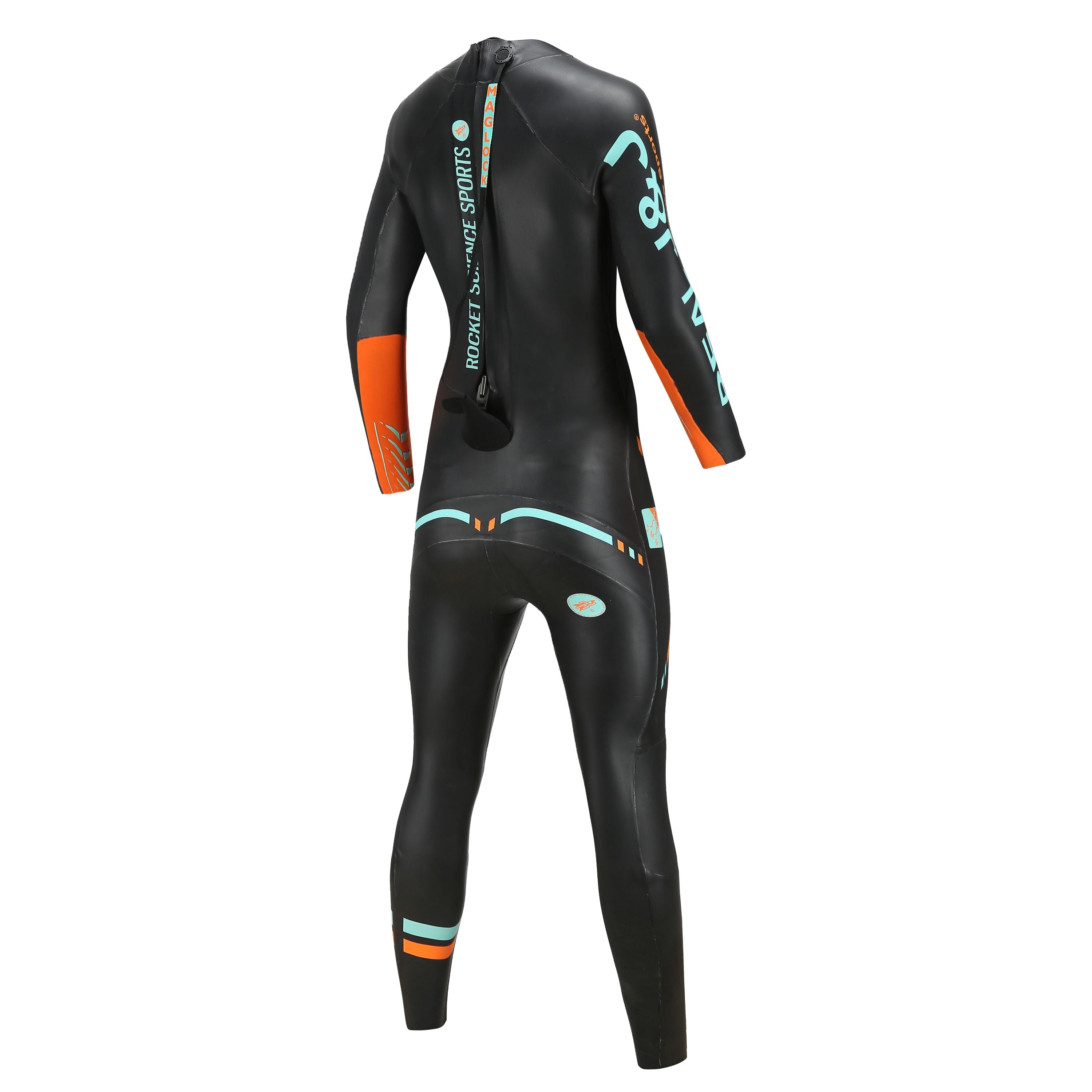 Back view of Rocket Science Sports Real J&J women’s long-sleeve triathlon wetsuit with branded MAGLOCK reverse zipper