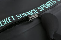 Close-up of Real J&J wetsuit zipper and seam detailing with smooth-skin neoprene